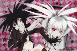 Rule 34 | 2girls, black hair, black rock shooter, black rock shooter (character), black rock shooter (game), blue eyes, blush stickers, checkered background, finger in another&#039;s mouth, flat chest, furrowed brow, gloves, highres, hood, hoodie, leg up, magenta eyes, multiple girls, official art, scan, spiked hair, star (symbol), stella (black rock shooter), sweatdrop, tears, twintails, ufotable, white hair, white rock shooter