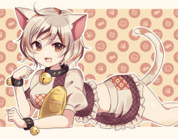 Rule 34 | 1girl, :3, :d, animal ears, animal hands, bell, black hair, brown background, brown eyes, calico, cat ears, cat tail, coin, fang, fangs, feet out of frame, fish, goutokuji mike, highres, looking at viewer, lying, maneki-neko, midriff, multicolored clothes, multicolored hair, multicolored shirt, multicolored skirt, multicolored tail, neck bell, on stomach, open mouth, orange hair, puffy short sleeves, puffy sleeves, short sleeves, skirt, smile, solo, streaked hair, subaru (subachoco), tail, touhou, white hair