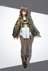 Rule 34 | 1girl, :d, arms at sides, black footwear, blush, boots, breasts, brown eyes, brown hair, brown jacket, brown pantyhose, cleavage, cleavage cutout, clothing cutout, cropped jacket, dress, elf, fingerless gloves, full body, gloves, highres, jacket, kawaguchi (mojacome), knee boots, long hair, long sleeves, looking at viewer, open mouth, original, pantyhose, pointy ears, puffy long sleeves, puffy sleeves, round teeth, small breasts, smile, solo, standing, teeth, turtleneck, turtleneck dress, twitter username, two-tone background, upper teeth only, white dress