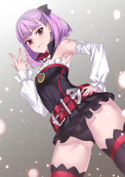 Rule 34 | 1girl, armpits, ass, bare shoulders, belt, black panties, black ribbon, black thighhighs, bow, breasts, buckle, closed mouth, cowboy shot, deras, detached collar, detached sleeves, eyebrows, eyelashes, fate/grand order, fate (series), frills, from below, gluteal fold, gradient background, grey background, hair ribbon, half updo, hand on own hip, helena blavatsky (fate), highres, light particles, looking at viewer, looking down, panties, pink lips, purple eyes, purple hair, ribbon, sefirot, short hair, skirt, small breasts, smile, solo, spread fingers, strapless, thighhighs, underwear, white bow