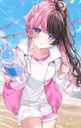 Rule 34 | 1girl, artist name, black hair, black nails, blue eyes, blue sky, bottle, bow, closed mouth, collared jacket, hair bow, highres, hinakisara, holding, holding bottle, jacket, long hair, looking at viewer, multicolored hair, open clothes, open jacket, outdoors, pink hair, pink jacket, pink nails, ponytail, shirt, shorts, sky, solo, standing, sweatdrop, tachibana hinano (vtuber), twitter username, virtual youtuber, vspo!, water bottle, white bow, white jacket, white shirt, white shorts