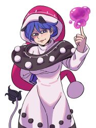 Rule 34 | 1girl, absurdres, animal ears, blue eyes, blue hair, blush, commentary, doremy sweet, dream soul, dress, eddybird55555, english commentary, hat, highres, long sleeves, looking at viewer, nightcap, parted lips, pom pom (clothes), ringed eyes, short hair, simple background, solo, tail, tapir ears, tapir tail, touhou, white background, white dress