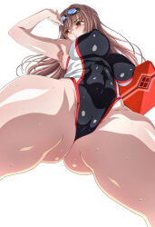 Rule 34 | 1girl, adjusting eyewear, armpits, ass, ass focus, black one-piece swimsuit, blush, breasts, brown eyes, cameltoe, cleft of venus, closed mouth, covered erect nipples, covered navel, from below, frown, gluteal fold, goddess of victory: nikke, goggles, goggles on head, highleg, highleg swimsuit, highres, holding, huge ass, j.h., large breasts, light brown hair, long hair, multicolored clothes, multicolored swimsuit, official alternate costume, one-piece swimsuit, rapi (classic vacation) (nikke), rapi (nikke), red one-piece swimsuit, shiny skin, simple background, solo, swimsuit, thick thighs, thighs, white background, white one-piece swimsuit, wide hips