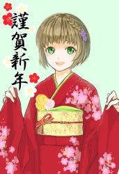 Rule 34 | 10s, 1girl, blonde hair, floral print, flower, green eyes, hair ornament, hairclip, huang baoling, japanese clothes, kimono, mikki, new year, solo, tiger &amp; bunny