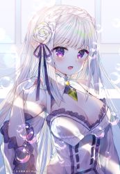 Rule 34 | 1girl, air bubble, artist name, bad id, bad pixiv id, bare shoulders, blunt bangs, blush, braid, breasts, bubble, cleavage, commentary request, crown braid, detached sleeves, dress, emilia (re:zero), flower, frilled sleeves, frills, gem, hair flower, hair ornament, hair ribbon, hand up, highres, large breasts, long hair, long sleeves, looking at viewer, open mouth, pointy ears, purple eyes, purple ribbon, re:zero kara hajimeru isekai seikatsu, ribbon, rose, silver hair, smile, solo, upper body, urim (paintur), white dress, white flower, white rose, wide sleeves