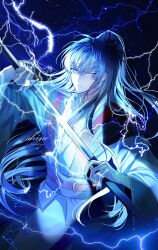 Rule 34 | 1boy, absurdres, artist name, blue eyes, blue hair, closed mouth, dark background, electricity, expressionless, highres, holding, holding sword, holding weapon, korean commentary, kyrgios rodgraim, long hair, long sleeves, looking at viewer, male focus, omniscient reader&#039;s viewpoint, ponytail, sheath, shine s247, solo, sword, unsheathing, upper body, weapon, wide sleeves