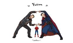 Rule 34 | 3boys, animal print, arc reactor, arms up, avengers: infinity war, avengers (series), belt, black belt, black eyes, black footwear, black hair, black shirt, blue bodysuit, blue pants, blue shirt, bodysuit, boots, brown hair, cloak, closed eyes, commentary request, covered collarbone, doctor strange, english text, facial hair, full body, grey jacket, grey pants, hands up, highres, holding, holding mask, hood, hooded jacket, jacket, jewelry, long sleeves, looking at another, looking at viewer, male focus, marvel, marvel cinematic universe, mask, mochishio, multiple boys, necklace, no mouth, open mouth, pants, peter parker, red bodysuit, red cloak, red mask, shirt, shoes, short hair, simple background, smile, spider-man, spider print, standing, superhero costume, t-shirt, tony stark, two-tone bodysuit, v-shaped eyebrows, white background