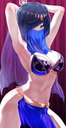 Rule 34 | 1girl, armpits, arms behind head, arms up, bare shoulders, black hair, blue hair, blue skirt, bob cut, breasts, circlet, cleavage, commentary request, diagonal bangs, duplicate, genshin impact, green eyes, highres, large breasts, looking at viewer, mole, mole on breast, mouth veil, multicolored hair, navel, pelvic curtain, pixel-perfect duplicate, short hair, skirt, solo, thighs, two-tone hair, uenoryoma, veil, yelan (genshin impact)
