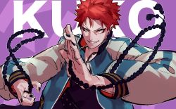 Rule 34 | 1boy, beads, black nails, chain, character name, english text, fingernails, grin, harai kuko, highres, hypnosis mic, jacket, jewelry, male focus, nail polish, necklace, open clothes, open jacket, parted lips, pinky ring, prayer beads, red hair, ring, smile, solo, teeth, uedrk yamato, yellow eyes