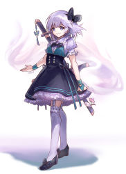 Rule 34 | 1girl, adapted costume, ainy, alternate costume, arm at side, artist name, bad id, bad pixiv id, black bow, black bowtie, black footwear, black skirt, blouse, blue eyes, bow, bowtie, bug, butterfly, buttons, closed mouth, collar, dress shirt, flower, footwear bow, frilled collar, frilled kneehighs, frilled shirt collar, frilled skirt, frilled sleeves, frills, full body, garter straps, hair bow, high-waist skirt, highres, insect, katana, kneehighs, konpaku youmu, konpaku youmu (ghost), outstretched arm, over-kneehighs, petticoat, puffy short sleeves, puffy sleeves, ribbon trim, scabbard, shadow, sheath, sheathed, shirt, shoes, short sleeves, silver hair, simple background, skirt, smile, socks, solo, standing, sword, sword behind back, tassel, thighhighs, touhou, vest, wakizashi, weapon, weapon on back, white background, white shirt, white socks, wristband