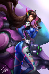 Rule 34 | 1girl, 2016, absurdres, arm cannon, armor, ass, blue bodysuit, bodysuit, boots, bracer, breasts, brown eyes, brown hair, closed mouth, cowboy shot, d.va (overwatch), dated, emblem, eyelashes, facepaint, facial mark, from side, gatling gun, gloves, gun, hand on own hip, hand up, handgun, headphones, highres, holding, holding gun, holding weapon, leg up, legs apart, logo, long hair, looking at viewer, makeup, mascara, mecha, medium breasts, meka (overwatch), nose, overwatch, overwatch 1, pauldrons, pilot suit, ribbed bodysuit, robot, shin gurren, shoulder armor, shoulder pads, signature, skin tight, solo, standing, standing on one leg, thigh boots, thigh strap, thighhighs, turtleneck, very long hair, weapon, whisker markings, white footwear, white gloves