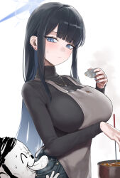 Rule 34 | 1boy, 1girl, absurdres, apron, doodle sensei (blue archive), black hair, black shirt, blue archive, blue eyes, blue hair, blue halo, blue pants, blush, breasts, brown apron, closed mouth, colored inner hair, cooking, cooking pot, denim, food, halo, highres, holding, kazane-wind, large breasts, long hair, long sleeves, multicolored hair, pants, saori (blue archive), sensei (blue archive), shirt, simple background, white background