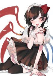 Rule 34 | 1girl, alternate costume, arm support, asymmetrical wings, black dress, black thighhighs, blush, breasts, brown hair, cleavage, collarbone, dress, eyebrows hidden by hair, foot out of frame, furrowed brow, hair ribbon, hand on own chin, hand up, highres, houjuu nue, large breasts, long hair, looking at viewer, maid headdress, makita (vector1525), nail polish, one eye closed, open mouth, petticoat, pointy ears, puffy short sleeves, puffy sleeves, red eyes, red nails, red ribbon, ribbon, short sleeves, sitting, solo, suggestive fluid, sweat, swept bangs, teeth, thighhighs, touhou, upper teeth only, wings, wrist cuffs, yokozuwari