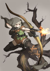 Rule 34 | 1girl, aiming, arrow (projectile), belt, black eyes, boots, bow (weapon), braid, cloak, dragon&#039;s crown, drawing bow, elf, elf (dragon&#039;s crown), fire, gloves, grey background, holding, holding arrow, holding bow (weapon), holding weapon, hood, outstretched arm, pointy ears, quiver, saitou masatsugu, shorts, simple background, solo, thigh boots, thighhighs, tree, twin braids, weapon