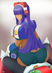 Rule 34 | 1boy, 1girl, armor, artist name, ass, assertive female, breasts, cameltoe, capcom, cleft of venus, dark-skinned female, dark skin, from behind, girl on top, gloves, green eyes, heart, highres, large breasts, layer (mega man), legs, long hair, looking at viewer, looking back, mega man (series), mega man x (series), midriff, parted lips, pov, purple hair, seductive smile, sexually suggestive, sideboob, sitting, sitting on person, smile, spread legs, thighs, underboob, very long hair, zero (mega man)