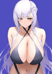Rule 34 | 1girl, absurdres, azur lane, bare arms, bare shoulders, belfast (azur lane), bikini, black bikini, blue background, braid, breasts, cleavage, closed mouth, collarbone, commentary, english commentary, highres, large breasts, long hair, looking at viewer, lordol, navel, purple eyes, simple background, smile, solo, swimsuit, upper body, white hair
