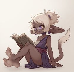 Rule 34 | 1girl, bare arms, bare legs, bare shoulders, barefoot, black footwear, body freckles, book, breasts, choker, closed mouth, commentary, dark-skinned female, dark skin, dress, earrings, english commentary, freckles, from side, full body, fur-tipped tail, glasses, goblin, hand up, highres, holding, holding book, jewelry, light soles, medium breasts, monster girl, nail polish, open book, original, ponytail, purple dress, purple eyes, reading, sleeveless, sleeveless dress, smile, soles, solo, tail, tateoftot, white background, white hair
