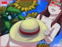 Rule 34 | 1girl, blue sky, blush, camera, clearite, covering privates, covering own eyes, day, dutch angle, flower, goggles, groin, hat, idolmaster, long hair, nude, nude cover, outdoors, sky, solo, sun hat, sunflower, viewfinder
