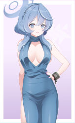 Rule 34 | 1girl, absurdres, ako (blue archive), ako (dress) (blue archive), bare arms, bare shoulders, blue archive, blue dress, blue eyes, blue hair, blue halo, blush, breasts, chromatic aberration, collarbone, commentary, dress, eko, hair between eyes, halo, hand on own hip, highres, large breasts, long hair, looking at viewer, nail polish, official alternate costume, open mouth, purple nails, side slit, sleeveless, sleeveless dress, solo