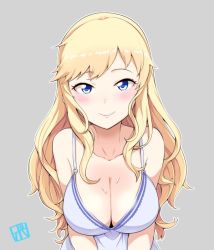 Rule 34 | 1girl, artist logo, blonde hair, blush, bowieknife, breasts squeezed together, breasts, cleavage, closed mouth, collarbone, grey background, hair down, idolmaster, idolmaster cinderella girls, large breasts, long hair, looking at viewer, o-ring, o-ring top, ohtsuki yui, sidelocks, simple background, smile, solo, sweat, upper body