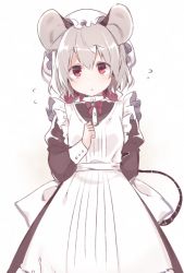 Rule 34 | 1girl, :&lt;, akagashi hagane, alternate costume, animal ears, apron, arm behind back, blush, bow, brooch, buttons, clenched hand, closed mouth, dot nose, dress, enmaided, flying sweatdrops, frilled apron, frilled hat, frills, grey hair, hair between eyes, hand on own chest, hat, jewelry, juliet sleeves, long sleeves, looking at viewer, maid, maid apron, maid cap, mob cap, mouse ears, mouse tail, multicolored background, nazrin, neck ribbon, pink background, puffy sleeves, red eyes, ribbon, sanpaku, short hair, shy, sleeve cuffs, solo, tail, tareme, touhou, two-tone background, white apron, white background, white bow, white hat