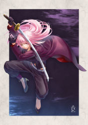 Rule 34 | 1girl, alternate costume, anklet, belt, black footwear, black gloves, black pants, blood, border, breasts, closed mouth, commentary, floating hair, full body, glint, gloves, half gloves, high heels, highres, holding, holding sword, holding weapon, hololive, hololive english, jacket, jewelry, jumping, katana, large breasts, long sleeves, looking at viewer, midriff peek, mori calliope, necklace, nisui noki, one eye closed, open clothes, open jacket, pants, pink eyes, pink hair, purple jacket, purple suit, q (hololive), red shirt, serious, shirt, signature, solo, suit, sword, v-shaped eyebrows, virtual youtuber, weapon, white belt
