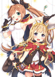 Rule 34 | 10s, 2girls, :d, ;d, black gloves, black legwear, blonde hair, blush, breasts, brown hair, cagliostro (granblue fantasy), cape, clarisse (granblue fantasy), crown, gloves, granblue fantasy, green eyes, hair ribbon, hairband, long hair, looking at viewer, masuishi kinoto, medium breasts, multiple girls, one eye closed, open mouth, ponytail, purple eyes, red skirt, ribbon, shima (shima je), simple background, skirt, smile, thighhighs, white background