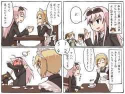 Rule 34 | 4koma, 5girls, alternate costume, blush, chair, comic, cup, enmaided, erica hartmann, francesca lucchini, goggles, goggles on head, hanna-justina marseille, lynette bishop, maid, maid headdress, miyafuji yoshika, multiple girls, papa (shimeguru), sitting, strike witches, table, tea, witches of africa, world witches series