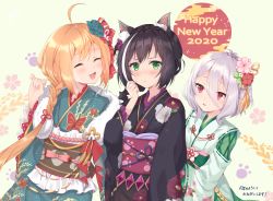 Rule 34 | 2020, 3girls, :d, ^ ^, ahoge, animal ear fluff, animal ears, antenna hair, bad id, bad pixiv id, black hair, black kimono, blue flower, blue kimono, blush, brown hair, cat ears, closed eyes, commentary request, floral print, flower, green background, green eyes, green kimono, hair between eyes, hair flower, hair ornament, hands up, happy new year, japanese clothes, karyl (new year) (princess connect!), karyl (princess connect!), kimono, kokkoro (new year) (princess connect!), kokkoro (princess connect!), kon (k0n16), long hair, long sleeves, multicolored hair, multiple girls, new year, obi, open mouth, parted lips, pecorine (new year) (princess connect!), pecorine (princess connect!), pink flower, pointy ears, princess connect!, print kimono, purple flower, red eyes, red flower, sash, smile, streaked hair, very long hair, white flower, white hair, wide sleeves