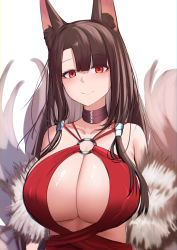 Rule 34 | 1girl, absurdres, akagi (azur lane), akagi (ruby-laced beauty) (azur lane), akaoni (zumt3548), animal ear fluff, animal ears, asymmetrical bangs, azur lane, bare shoulders, black choker, blunt bangs, blush, breasts, brown hair, choker, cleavage, cleavage cutout, closed mouth, clothing cutout, collarbone, covered erect nipples, dress, fox ears, fox girl, fox tail, fur shawl, highres, large breasts, long hair, looking at viewer, o-ring dress, red dress, red eyes, shawl, simple background, smile, solo, tail, upper body, white background