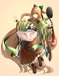 Rule 34 | 1girl, absurdly long hair, absurdres, apron, arm warmers, boots, brown background, brown footwear, brown hair, brown hakama, checkered apron, checkered clothes, closed mouth, commentary request, cross-laced footwear, food fantasy, frilled apron, frills, full body, green eyes, green ribbon, hair ribbon, hakama, hakama skirt, half updo, high heel boots, high heels, highres, holding, holding spoon, japanese clothes, long hair, looking at viewer, maid apron, ribbon, rukinya (nyanko mogumogu), sidelocks, simple background, skirt, sleeves past wrists, smile, solo, spoon, tiramisu (food fantasy), very long hair, wide sleeves