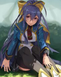 Rule 34 | 1girl, antenna hair, black thighhighs, blazblue, blazblue remix heart, blue hair, bow, breasts, day, field, genderswap, genderswap (mtf), hair between eyes, hair bow, hair ribbon, hand on own leg, jerun, large breasts, long hair, long sleeves, looking to the side, mai natsume, nature, open mouth, outdoors, pleated skirt, ponytail, purple eyes, ribbon, school uniform, shoes, sidelocks, sitting, skirt, smile, solo, thighhighs, very long hair, yellow bow