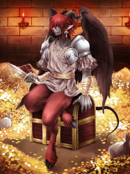 Rule 34 | 1boy, absurdres, animal ears, beard, candle, colored skin, dagger, demon, demon boy, demon horns, demon tail, facial hair, feathered wings, feathers, food fighter 441, goat ears, grey skin, highres, hooves, horns, jewelry, key, knife, male focus, money, nail polish, necklace, original, pectorals, purple eyes, red hair, sitting, solo, tail, teeth, treasure chest, weapon, wings