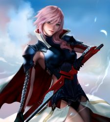 Rule 34 | 1girl, armor, asymmetrical hair, bad id, bad twitter id, black gloves, black panties, blue eyes, blue sky, breastplate, breasts, cape, commentary, english commentary, eyelashes, feathers, final fantasy, final fantasy xiii, gloves, hair between eyes, high collar, highres, holding, holding sword, holding weapon, jyundee, lightning farron, lips, long hair, medium breasts, nose, panties, pantyshot, pauldrons, pink hair, shoulder armor, showgirl skirt, sky, solo, standing, sword, underwear, weapon