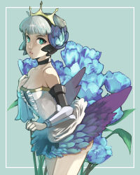 Rule 34 | 1girl, aqua background, armor, armored dress, bad id, bad pixiv id, bare shoulders, blue eyes, blue flower, blue rose, choker, crown, dress, flower, gwendolyn (odin sphere), miso katsu, odin sphere, pteruges, rose, short hair, silver hair, solo, strapless, strapless dress, wings