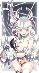 Rule 34 | 1girl, armor, blush, breasts, cleavage, colored eyelashes, demon girl, demon horns, dual wielding, earrings, fangs, highres, holding, horns, jewelry, lady labrynth of the silver castle, large breasts, lovely labrynth of the silver castle, pointy ears, sword, tagme, thighs, weapon, white eyes, white hair, yu-gi-oh!, zidai okuraven, zidaiokuraven