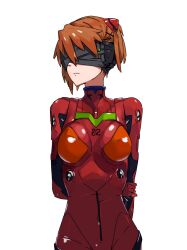 Rule 34 | 1girl, alternate hairstyle, artist request, bodysuit, breasts, brown hair, evangelion: 3.0+1.0 thrice upon a time, highres, looking to the side, medium breasts, neon genesis evangelion, pilot suit, plugsuit, rebuild of evangelion, red bodysuit, shiny clothes, simple background, solo, souryuu asuka langley, white background, wide hips