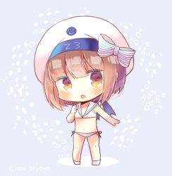 Rule 34 | 1girl, bikini, blue background, brown eyes, brown hair, chibi, clothes writing, commentary request, full body, hat, kantai collection, kou hiyoyo, one-hour drawing challenge, sailor bikini, sailor collar, sailor hat, short hair, side-tie bikini bottom, solo, standing, swimsuit, twitter username, v-shaped eyebrows, white bikini, white hat, white sailor collar, z3 max schultz (kancolle)