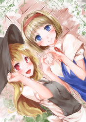 Rule 34 | 2girls, alice margatroid, blonde hair, blue eyes, capelet, female focus, hairband, hat, heart, heart hands, heart hands duo, highres, kirisame marisa, long hair, multiple girls, open mouth, pino (birthdayparty), red eyes, short hair, smile, touhou, upper body