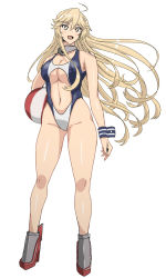 Rule 34 | 1girl, ahoge, ball, beachball, blonde hair, blue eyes, breasts, center opening, collar, competition swimsuit, full body, guhanshounen, hair between eyes, highres, iowa (kancolle), kantai collection, large breasts, long hair, navel, one-piece swimsuit, open mouth, rudder footwear, standing, star-shaped pupils, star (symbol), swimsuit, symbol-shaped pupils, two-tone swimsuit, underboob, white background, wrist cuffs