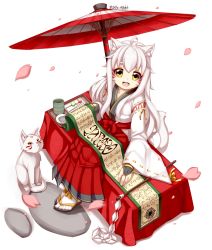 Rule 34 | 1girl, :d, artist name, bridal gauntlets, cat, cherry blossoms, commentary, cup, dango, food, from above, gohei, hakama, hakama skirt, japanese clothes, long hair, looking at viewer, oil-paper umbrella, open mouth, original, petals, psychopath idiot, sanshoku dango, scroll, simple background, sitting, skirt, smile, solo, tray, umbrella, wagashi, white background, white hair, wide sleeves, yellow eyes, yunomi