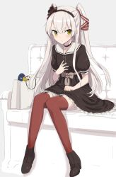 Rule 34 | 1girl, adapted costume, amatsukaze (kancolle), bad id, bad twitter id, bag, boots, brown dress, choker, couch, dress, failure penguin, gotyou, hair ribbon, hairband, highres, kantai collection, long hair, miss cloud, red ribbon, red thighhighs, ribbon, shopping bag, silver hair, solo, thighhighs, two side up, yellow eyes