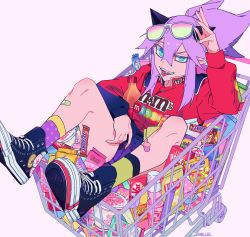 Rule 34 | 1girl, artist name, asymmetrical legwear, bandaid, black footwear, blue eyes, candy, candy bar, converse, eyewear on head, food, high tops, highres, jacket, lollipop, long sleeves, looking at viewer, m&amp;m&#039;s, medium hair, mismatched legwear, nissin cup noodle, original, par0llel, pocky, product placement, purple eyes, purple hair, red jacket, shoes, shopping cart, simple background, skittles, sneakers, snickers (brand), solo, sunglasses, tagme, white background, wrapped candy
