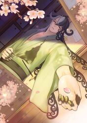 Rule 34 | 1boy, alternate costume, ashiya douman (fate), black eyes, black hair, cherry blossoms, curly hair, earrings, falling petals, fate/grand order, fate (series), foreshortening, green kimono, highres, japanese clothes, jewelry, kimono, long hair, looking outside, magatama, magatama earrings, male focus, multicolored hair, pectoral cleavage, pectorals, perspective, petals, solo, split-color hair, ushijiya, very long fingernails, very long hair, white hair