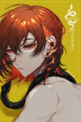 Rule 34 | 1boy, brown hair, earrings, highres, jewelry, kumo lys, looking at viewer, male focus, multicolored hair, nu carnival, red eyes, red hair, snake, solo, yakumo (nu carnival), yellow background