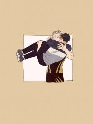 Rule 34 | 2boys, akaashi keiji, black footwear, black hair, black pants, black shirt, bokuto koutarou, brown background, carrying, carrying person, chengongzi123, chinese commentary, closed eyes, colored eyelashes, commentary request, cropped legs, facing another, facing viewer, full body, grey hair, grin, haikyuu!!, hand on another&#039;s head, hands up, highres, male focus, multiple boys, pants, shirt, shoes, short hair, simple background, smile, sneakers, sportswear, standing, very short hair, volleyball uniform, yaoi