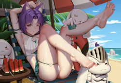 Rule 34 | 1girl, absurdres, animal ear fluff, animal ears, arm up, armpits, ass, bare legs, barefoot, beach, beach chair, beach umbrella, blue sky, blush stickers, breasts, chinese commentary, clothing cutout, commentary request, dated, feet, food, fruit, hair intakes, highres, knife, large breasts, leg up, legs, looking at viewer, lotion, manzai sugar, medium hair, nail polish, one-piece swimsuit, one eye closed, original, outdoors, palm tree, parted lips, purple eyes, purple hair, rabbit, shadow, shiny skin, side cutout, sidelocks, signature, skindentation, sky, soles, solo, spread toes, suggestive fluid, sunscreen, sweatdrop, swimsuit, thigh strap, thighs, toenail polish, toenails, toes, tree, umbrella, watermelon, watermelon slice, wet