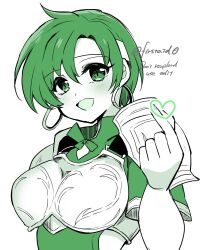 Rule 34 | 1girl, armor, artist name, breastplate, earrings, fee (fire emblem), fire emblem, fire emblem: genealogy of the holy war, green eyes, green shirt, headband, hoop earrings, jewelry, nintendo, partially colored, shirt, short hair, shoulder pads, solo, upper body, very short hair, white background, yukia (firstaid0)