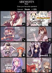 Rule 34 | 6+girls, ?, arknights, axe, beagle (arknights), black hair, blonde hair, blue eyes, blue neckwear, blue poison (arknights), book, breasts, brown hair, character name, cleavage, cleavage cutout, clothing cutout, copyright name, exusiai (arknights), eyepatch, eyewear on head, feater (arknights), feather hair, glasses, grey eyes, gyari (imagesdawn) (style), hair ornament, hair over one eye, highres, holding, holding book, holding weapon, hood, hoodie, ifrit (arknights), istina (arknights), jacy, large breasts, long hair, looking at another, looking at viewer, looking away, mayer (arknights), medium hair, middle finger, multiple girls, necktie, pink hair, popukar (arknights), purple hair, reading, red-framed eyewear, red eyes, red hair, round eyewear, saria (arknights), semi-rimless eyewear, short hair, silence (arknights), sunglasses, sunglasses on head, under-rim eyewear, weapon, white hair, x hair ornament, zima (arknights)