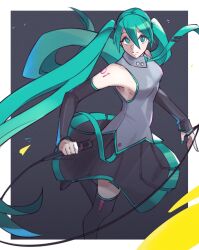 Rule 34 | 1girl, aqua eyes, aqua hair, aqua necktie, bare shoulders, benalki, black footwear, black skirt, boots, commentary, detached sleeves, english commentary, floating hair, grey shirt, hatsune miku, highres, holding, holding microphone, long hair, looking at viewer, microphone, necktie, pleated skirt, shirt, shoulder tattoo, skirt, sleeveless, sleeveless shirt, solo, tattoo, thigh boots, twintails, very long hair, vocaloid, wire